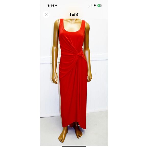 Ralph Lauren Size 6 Twist Front Maxi Dress Solid Red Gathered Draped Semi Formal - Picture 8 of 11